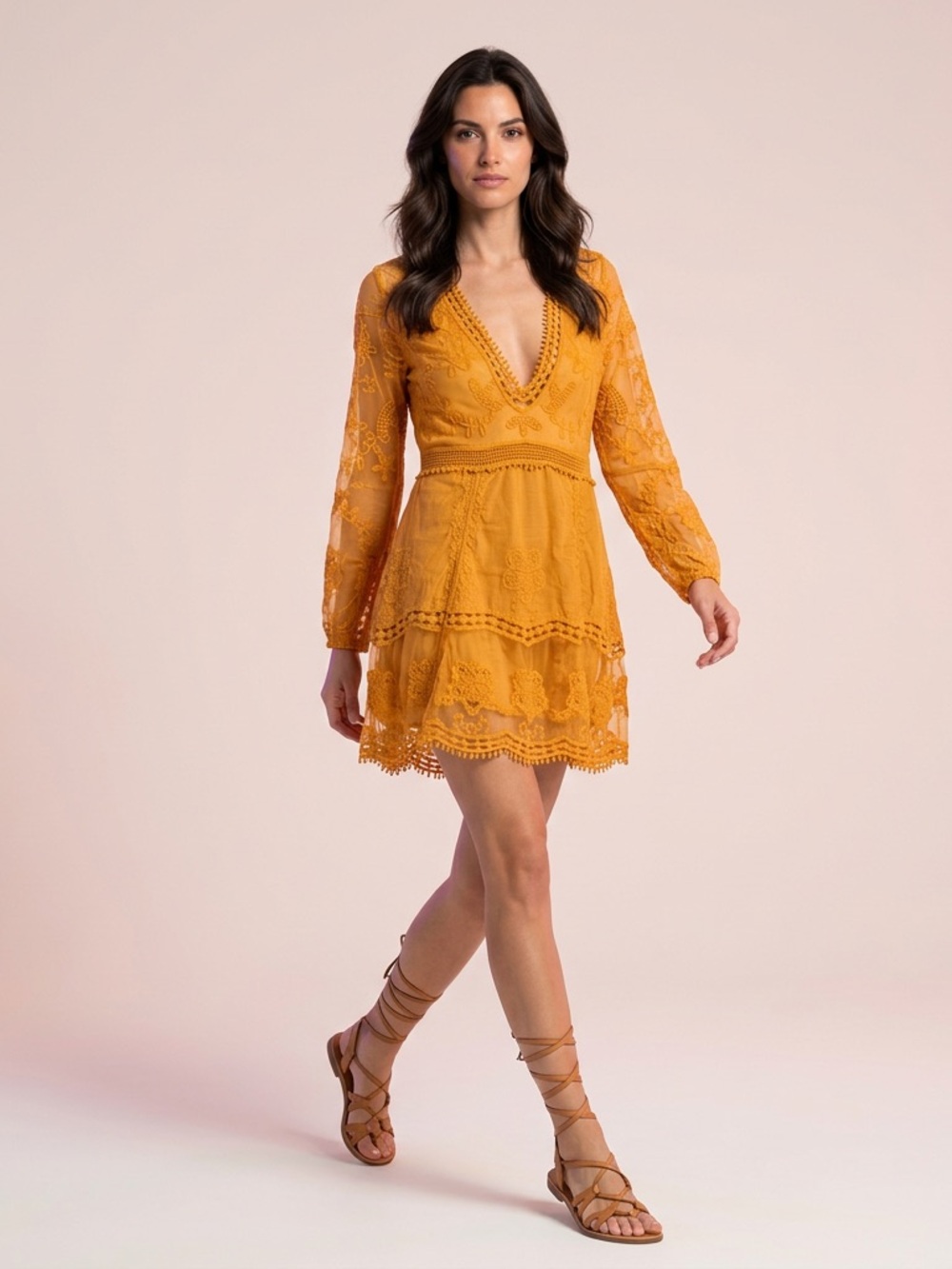 Women’s Mustard Lace V-Neck Tiered Dress/bathing suit cover up